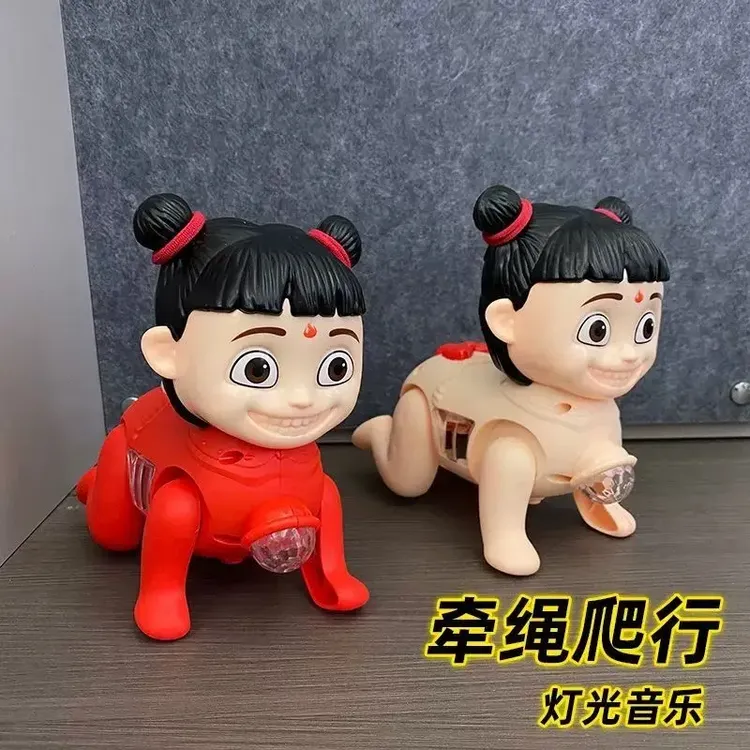 【炫酷灯光音乐】哪吒牵绳电动爬行走路带音乐摆地摊抽象儿童玩具