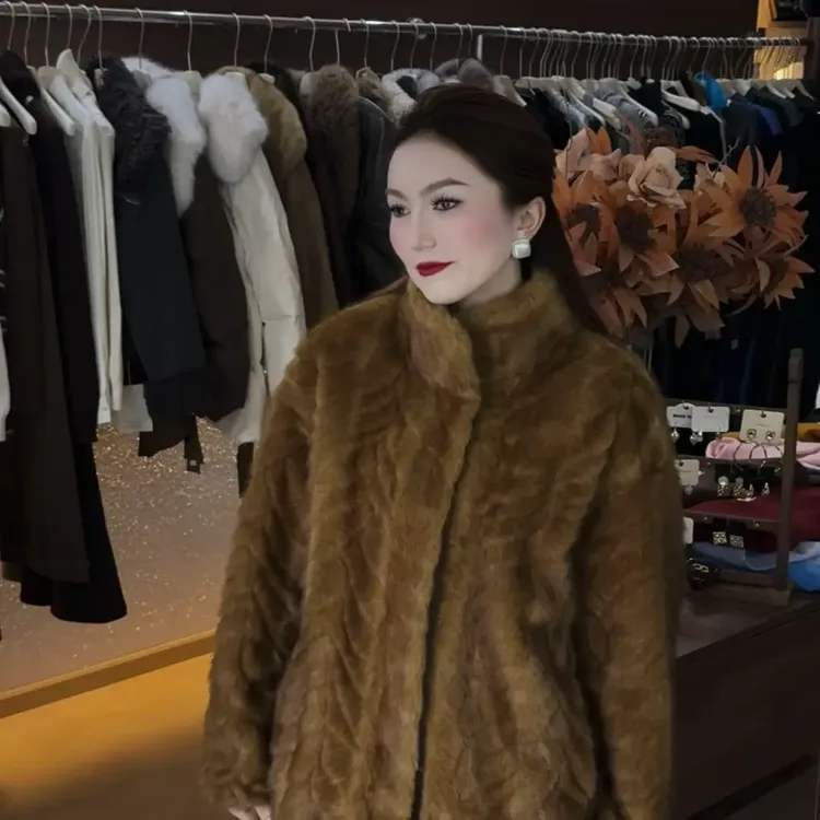 环保金叶貂中长款外套女冬季加厚保暖气质毛毛外套辣妹风休闲风