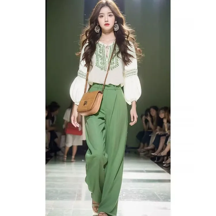 春装搭配一整套时尚白色印花衬衫裤子减龄漂亮洋气套装女2025新款