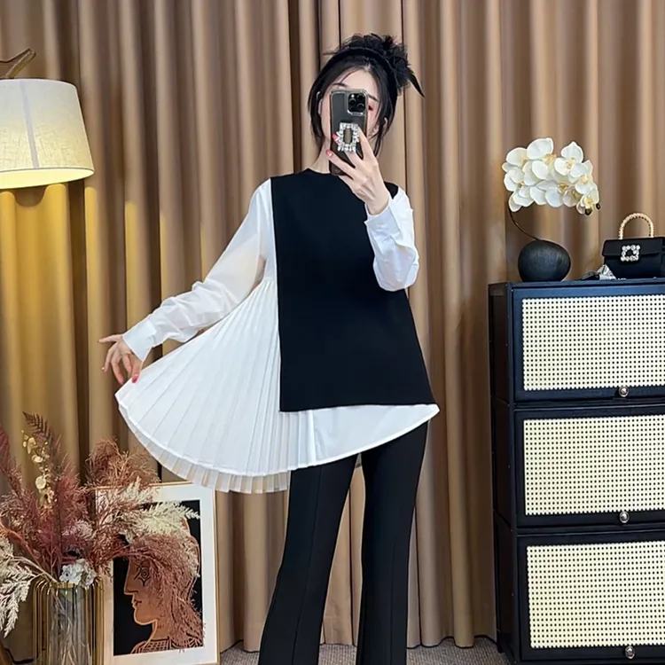 首秀【巴黎时光】25早秋新款百褶长袖衬衫套装衬衫+马甲两件套-2485