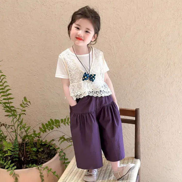 女童薄款蕾丝马甲儿童休闲套装2025新款韩版洋气三件套夏季女宝宝