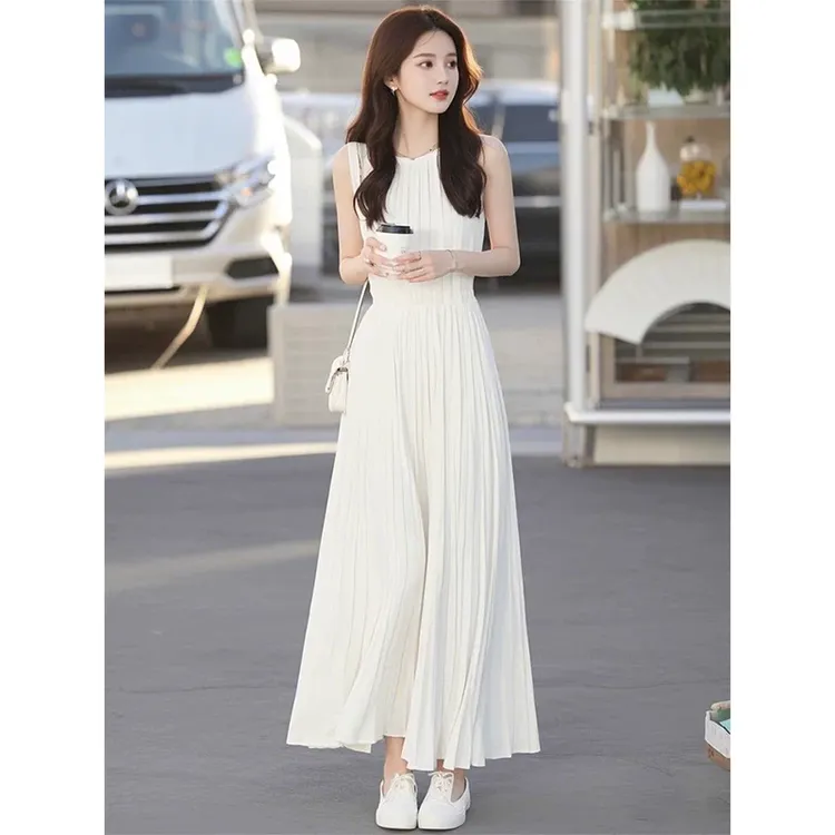 春季端庄大气名媛女神范长裙高端精致高级感超好看白色无袖连衣裙