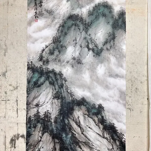 纯手绘孤松隐云国画山水画宣纸未装裱中式四尺画芯作品