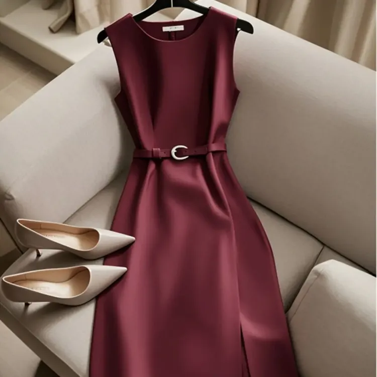 连衣裙夏日钓系约会独特绝美端庄大气超好看红色收腰无袖连衣裙女