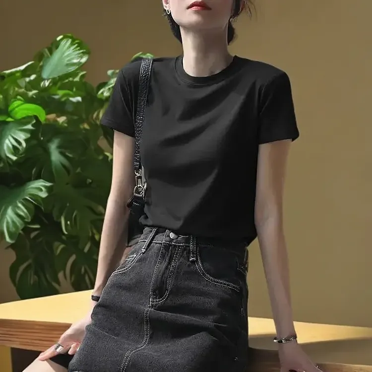 拉夏贝尔上衣短袖打底衫新夏内搭新款小圆领黑色2025年修身T恤女