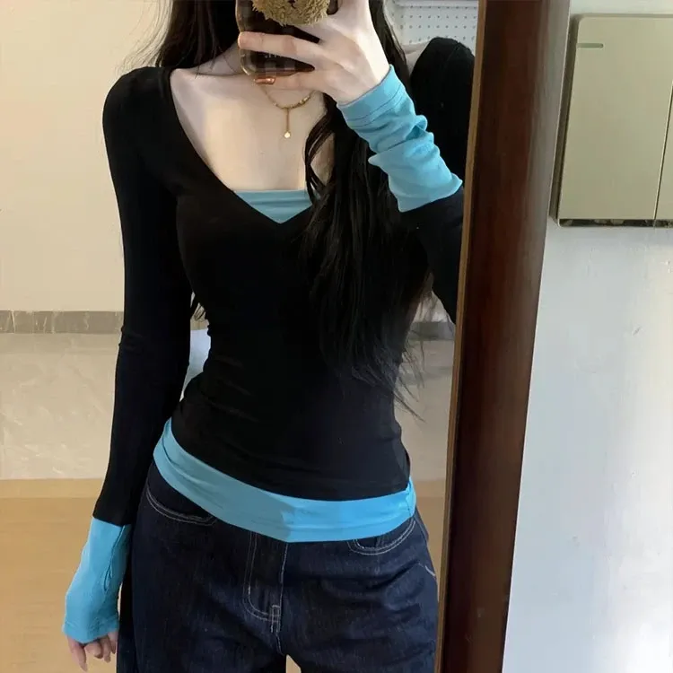 2025新款假两件拼接长袖T恤女早春季修身内搭打底高级感黑色上衣