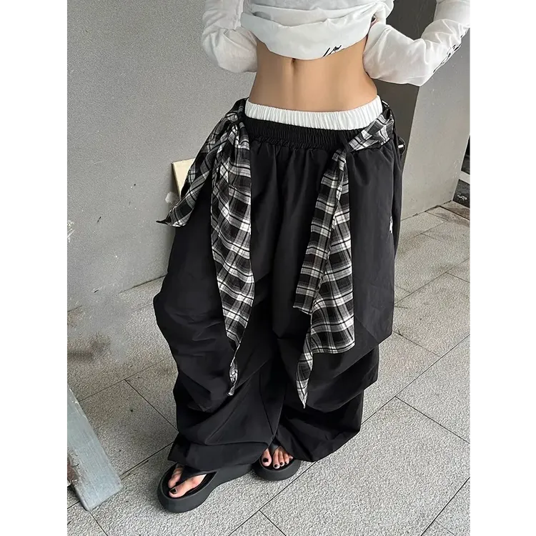 美式复古叠穿格子绑带伞兵休闲裤阔腿裤女宽松百搭阔腿拖地长裤