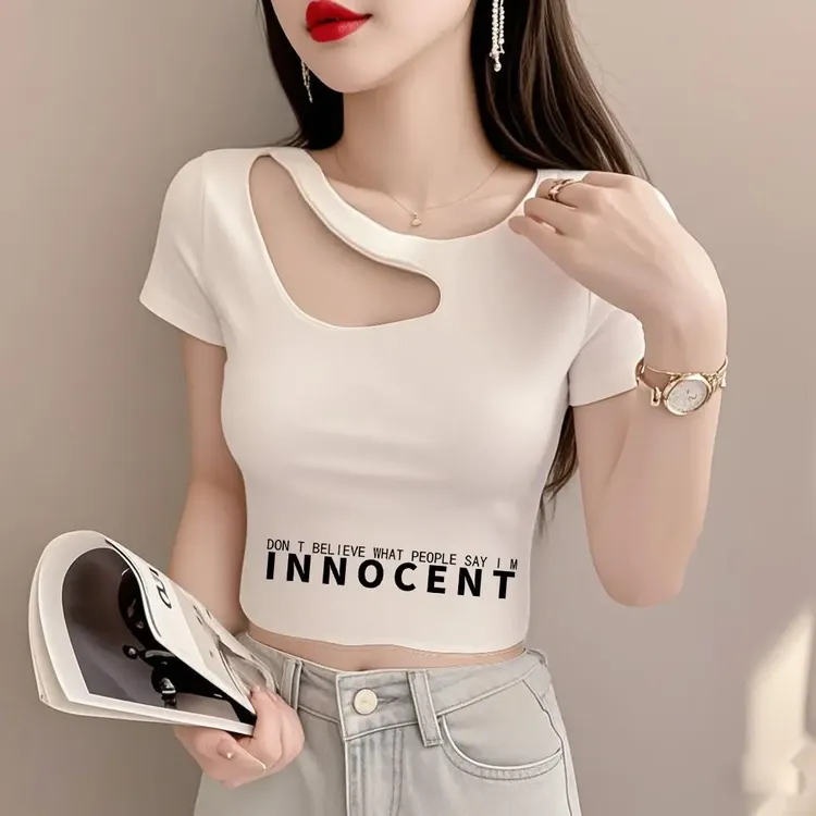 白色镂空露锁骨短袖t恤女夏季新款修身显瘦小个子印花百搭露脐潮