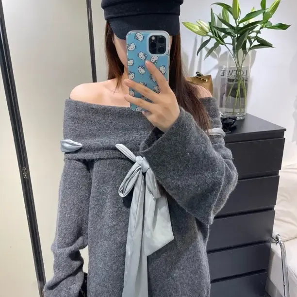 常规款保暖女针织百搭长袖秋冬慵懒风毛衣蝴蝶结