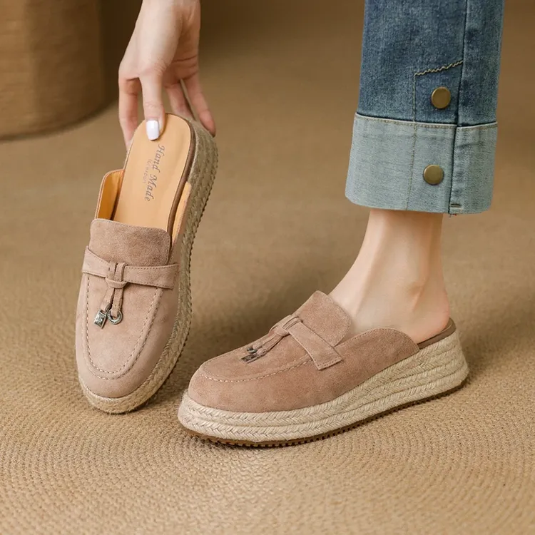 包头厚底凉拖女真皮外穿松糕半拖2025年新款夏季草编流苏高跟拖鞋