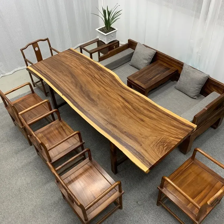 南美胡桃木实木大板桌原木自然边搭配工字脚适用于茶桌办公桌
