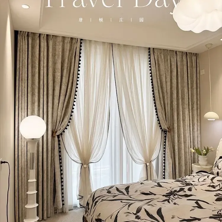 奶茶色法式复古雪尼尔窗帘遮光适用于卧室客厅