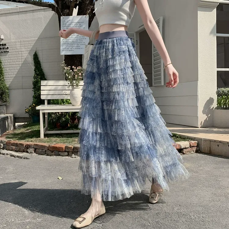 高腰a字长裙绝美超好看蛋糕裙女2025新款梦幻蓝色网纱气质蓬蓬裙