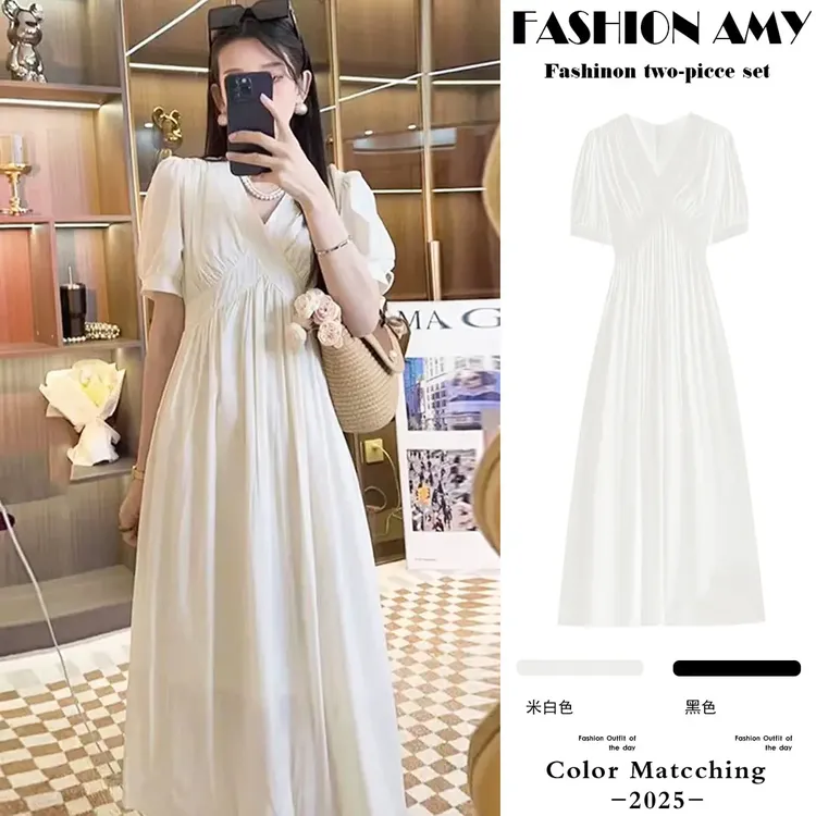 孕妇连衣裙夏季2025新款时尚韩版气质V领设计感赫本风法式连衣裙