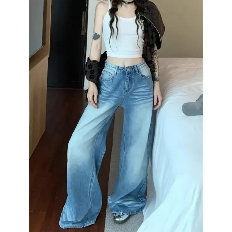高个子加长美式高街水洗阔腿牛仔裤女2025春季高腰显瘦宽松直筒裤