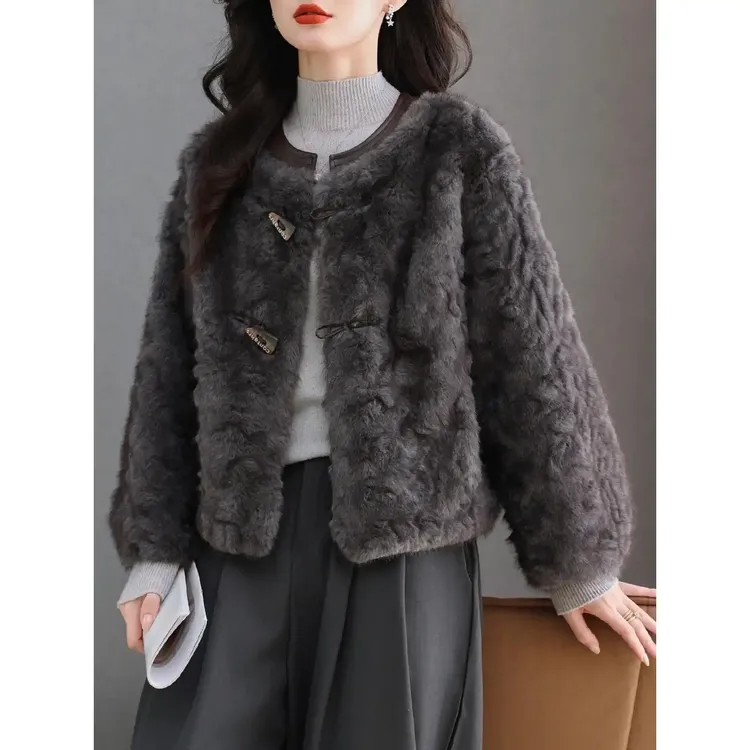 啄木鸟水貂绒皮草外套女开衫短款圆领羊毛衫宽松大码女装高腰2025
