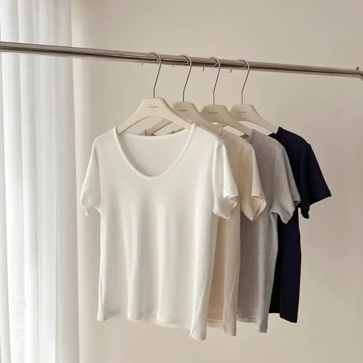 莫代尔白色U领短袖T恤女2025新款夏季宽松休闲简约慵懒风显瘦上衣
