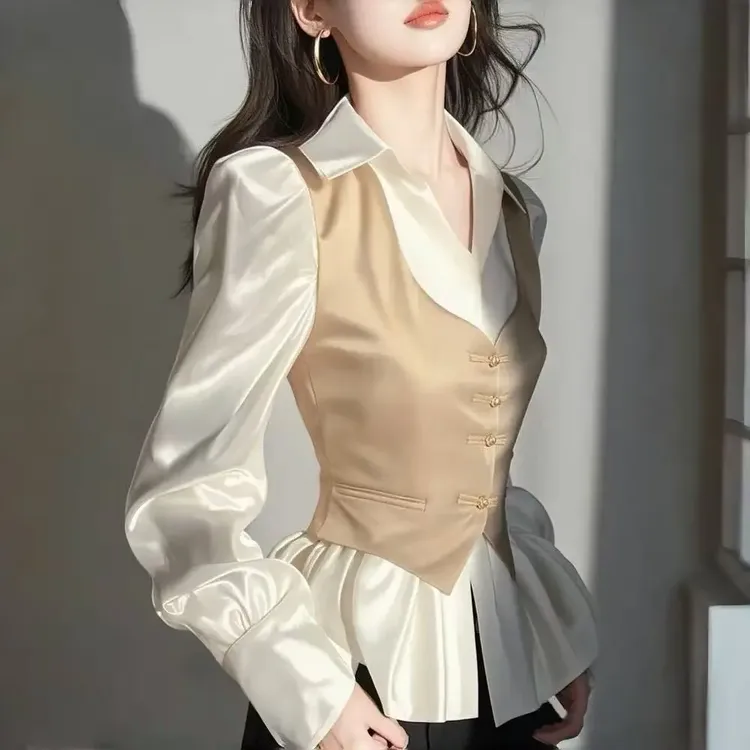 新中式国风内搭打底衫女2025春季高级感轻奢收腰卡其色假两件衬衫