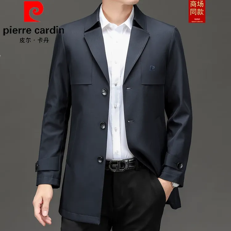 皮尔卡丹春秋季2023新款中长款风衣中年男士商务休闲西装领外套男