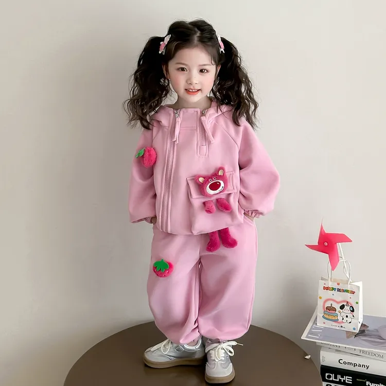 女童春秋款运动套装2025儿童草莓熊连帽新款休闲卫衣春季春装宝宝