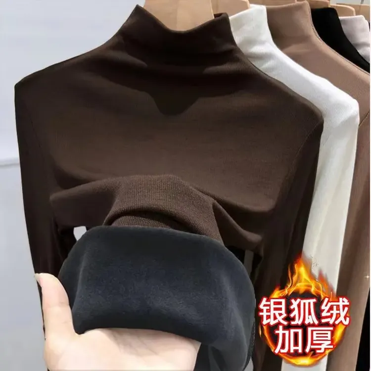 特大码200斤胖mm德绒半高领打底衫女士秋冬内搭加绒加厚保暖上衣