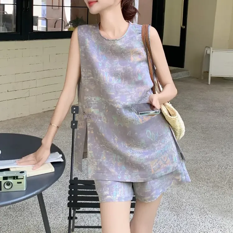 新中式2025夏季新款时尚减龄气质百搭显瘦盘扣无袖马甲短裤两件套