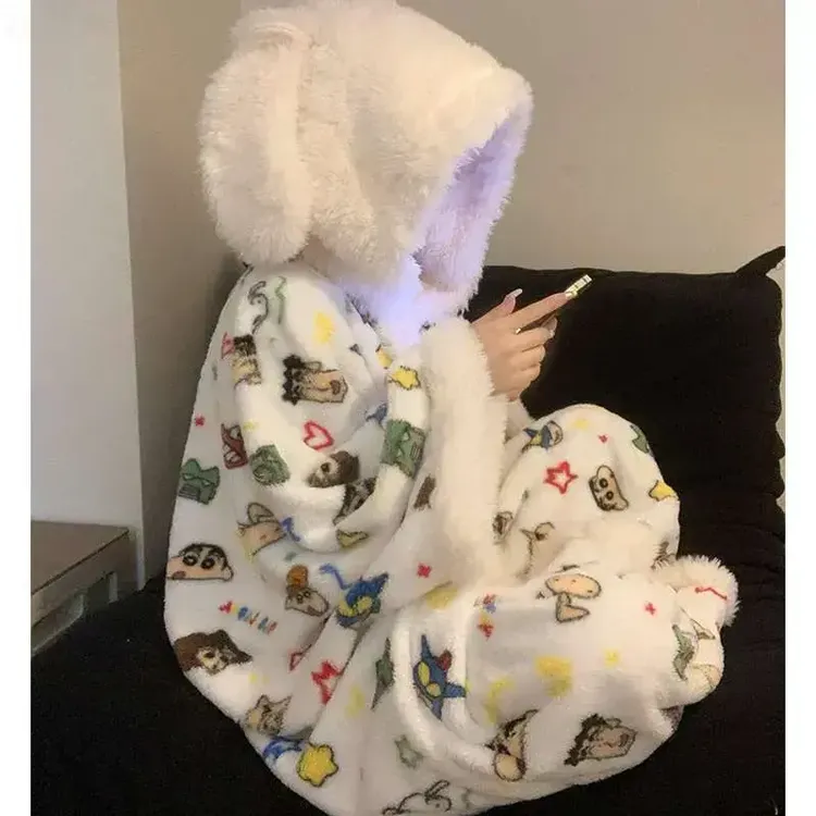 可爱蜡笔小新睡袍女冬季新款珊瑚绒加绒加厚睡衣浴袍冬天家居服