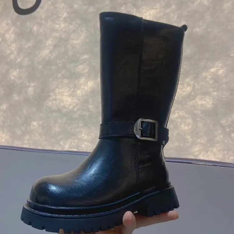 新款女童百搭加绒保暖秋冬风骑士靴