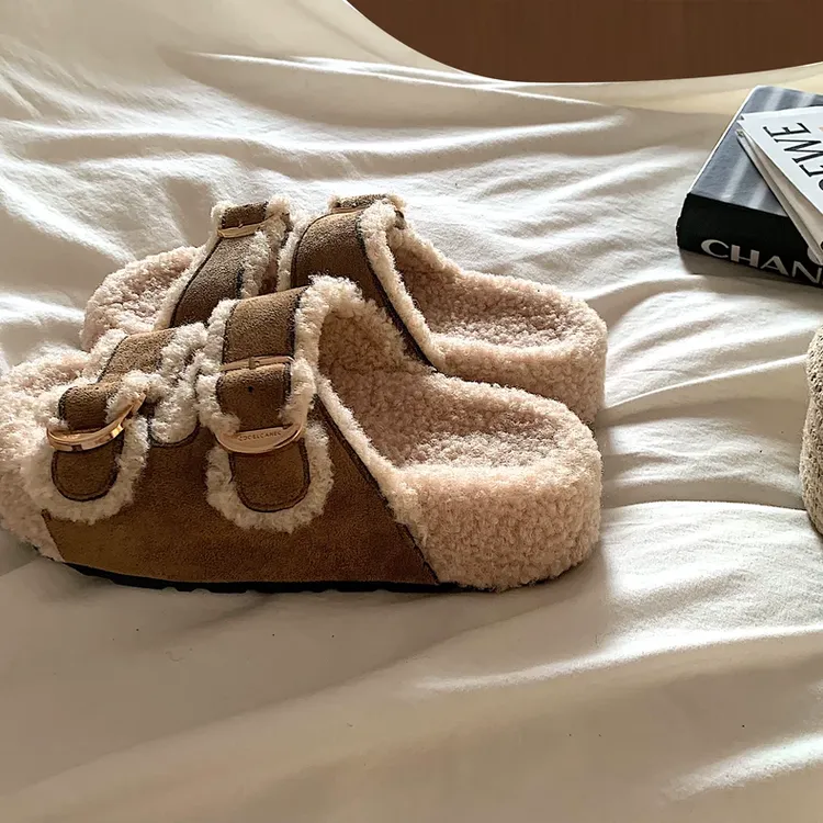 奶茸茸~ins厚底勃肯羊羔毛毛毛鞋女秋冬爆火外穿网红防滑棉拖鞋女