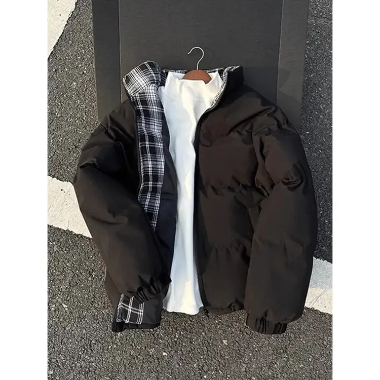 黑色美式立领羽绒棉服男款冬季高级感加棉厚短款格纹cleanfit外套