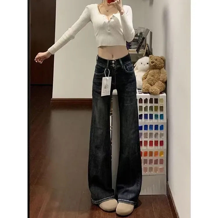 美式高腰显瘦蓝灰色微喇牛仔裤女秋冬新款双纽扣弹力拖地喇叭裤子