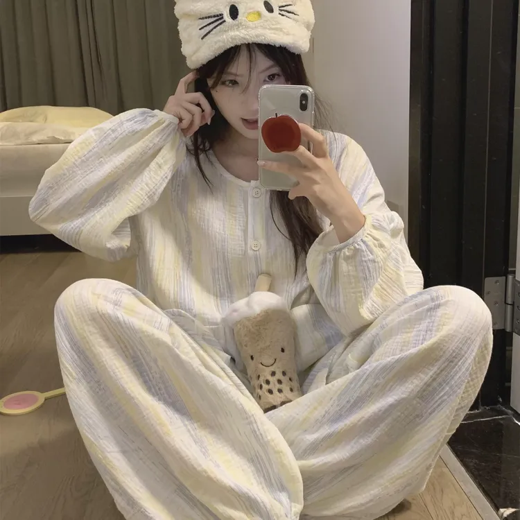 休闲撞色大码春季棉纱睡衣女2025网红款双层纱布春款家居服爆款