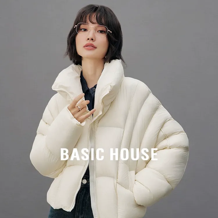 Basic House/百家好90鸭绒短款羽绒服女2026冬季保暖白色立领外套