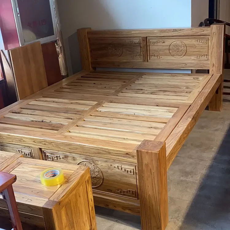 实木床木板双人床单人双人榻榻米简约家用大床经济型简易老榆木床