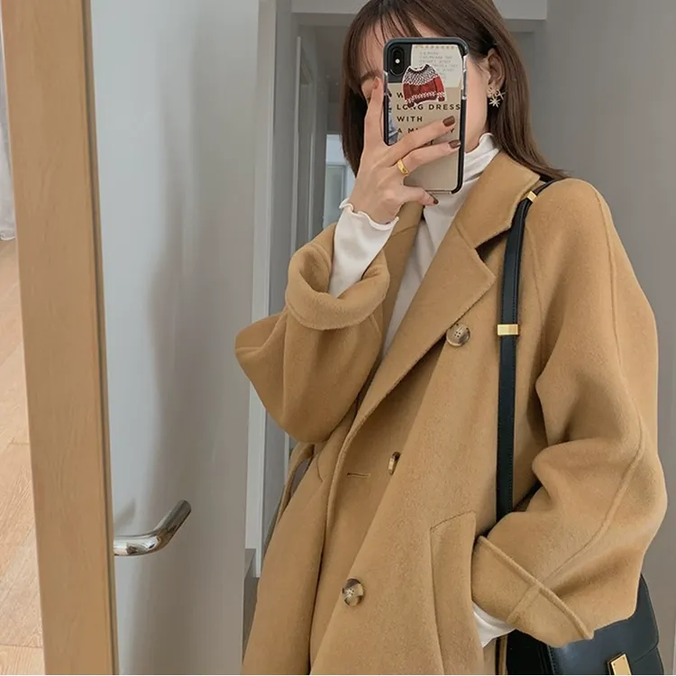 D001驼色羊毛呢外套女秋冬季新款高级感中长款小个子羊绒呢子大衣