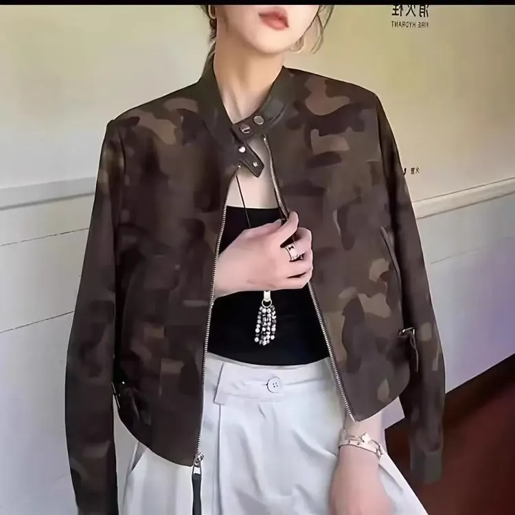 秋季迷彩薄款女立领常规短外套休闲短款印花潮流春季