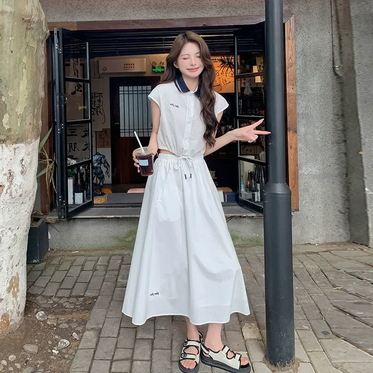 白色学院风套装裙女夏季新款高腰显瘦领上衣半身裙两件套