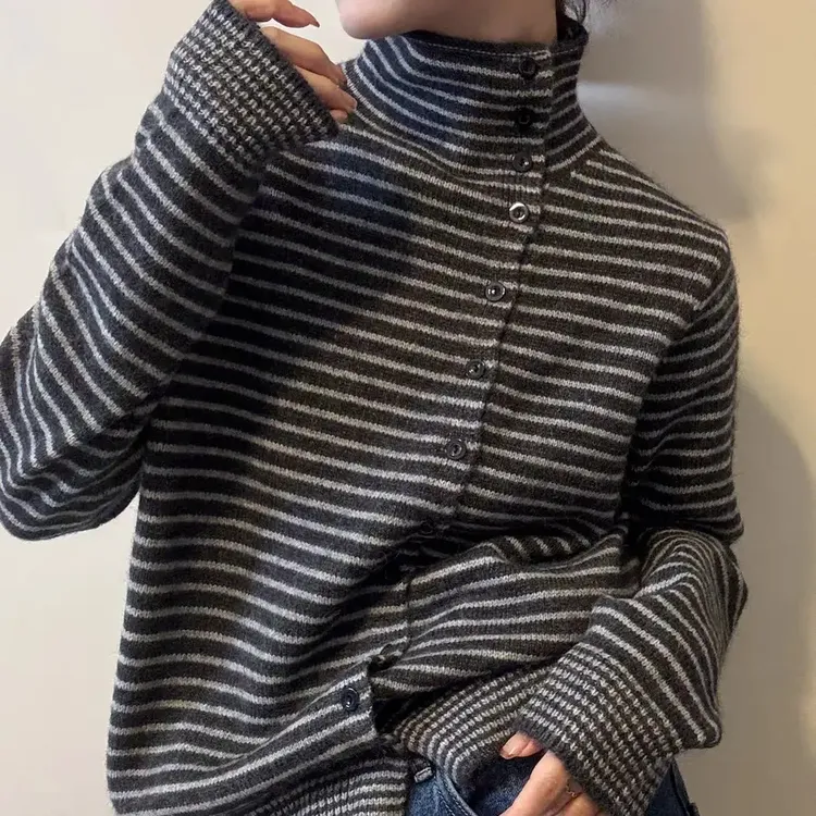 韩系条纹半高领针织开衫女秋冬宽松百搭显瘦长袖上衣