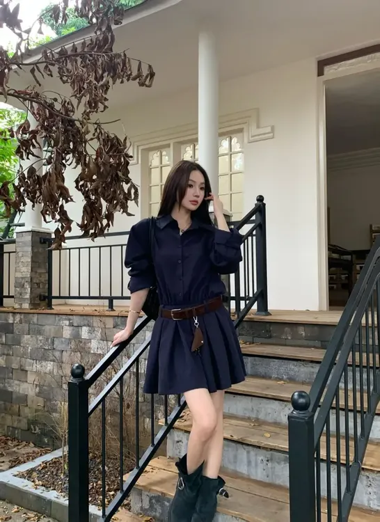 【柠檬绿茶】韩系小众设计感百搭收腰气质显瘦衬衫连衣裙女