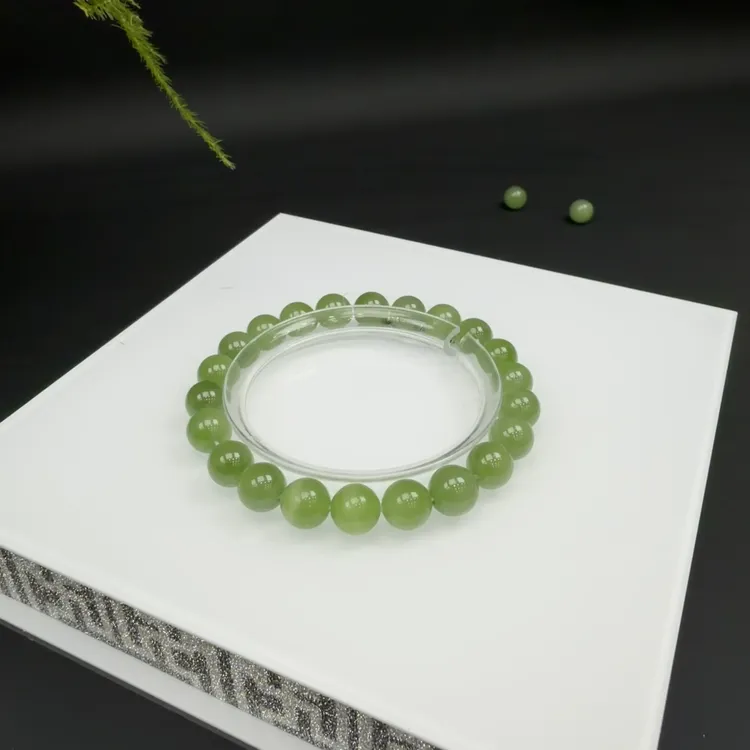 和田玉猫眼单圈手串约8MM圆珠简约轻奢高级感气质百搭绿色时尚