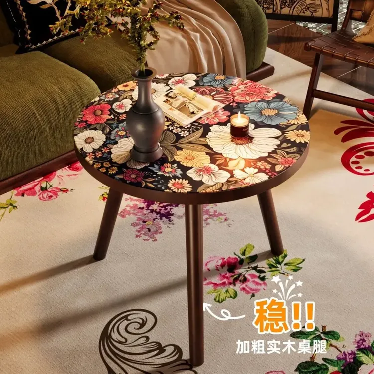 复古风落地曼陀罗床头柜移动边几茶水桌床头小圆桌美式印花小茶几