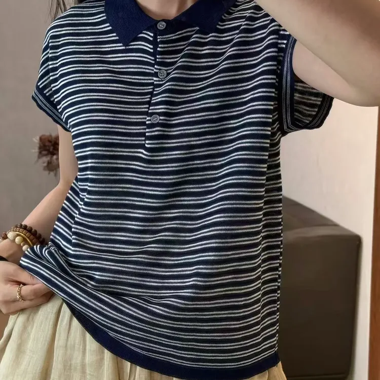 8131-夏季新款时尚气质条纹T恤短袖针织衫上衣