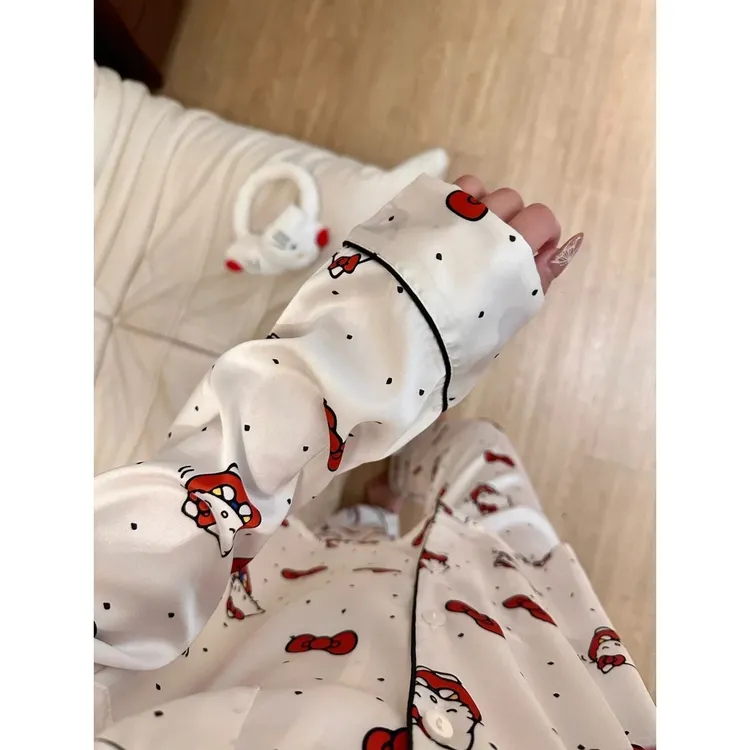【卡通Kitty印花】甜美少女冰丝睡衣女春秋季薄款长袖家居服套装