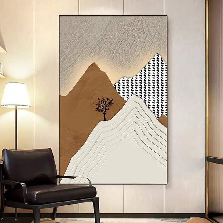 背有靠山现代简约客厅竖款装饰画侘寂风玄关落地沙发背景画