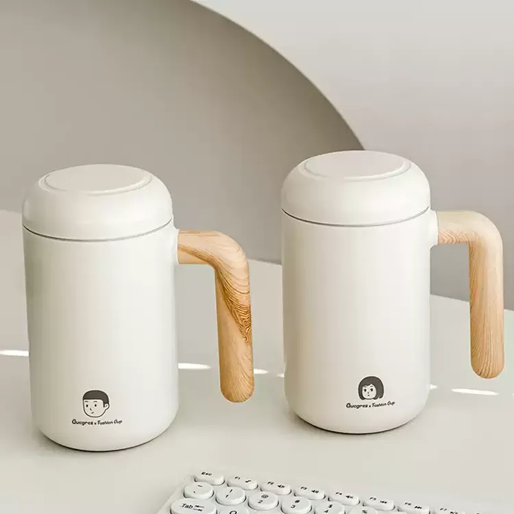 Gucgres情侣保温杯木纹把手便携办公水杯女茶水分离男款泡茶杯子