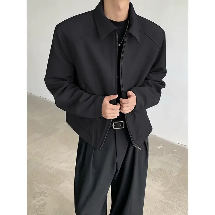 cleanfit黑色短款夹克外套男春秋款高级感痞帅垫肩翻领正肩棒球服