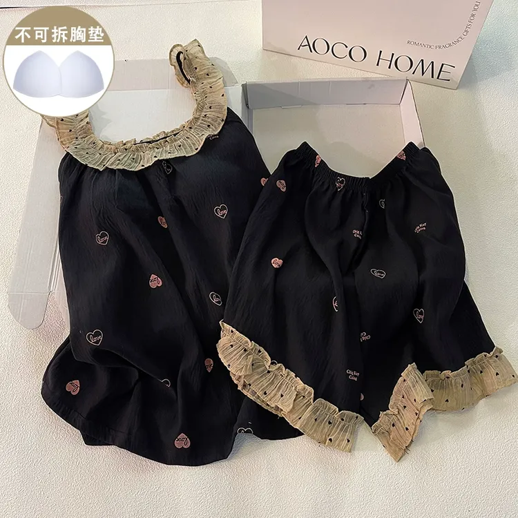 带胸垫网红睡衣女夏季甜美黑色爱心吊带短裤甜美纯欲风家居服套装