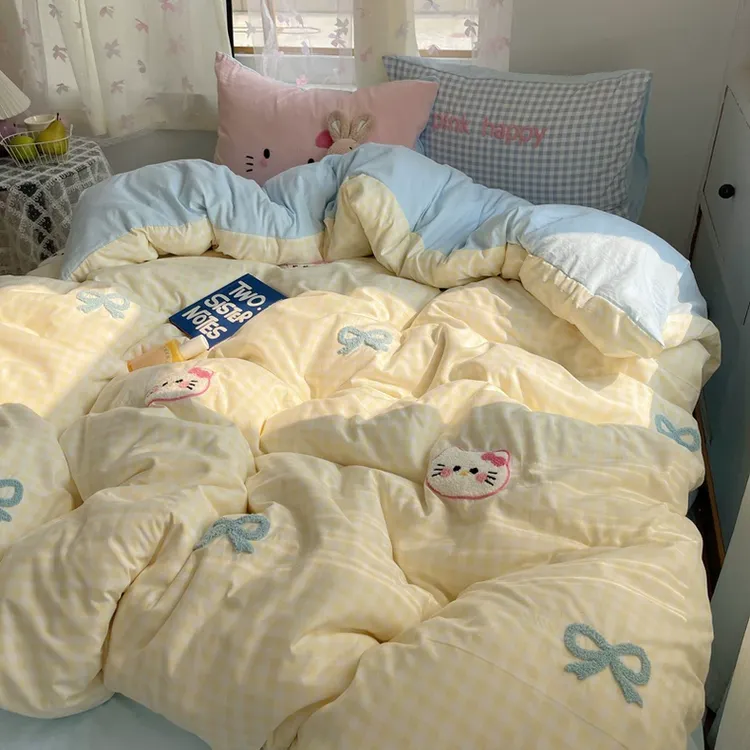 韩系奶油风可爱KT猫少女心床单四件套爆款大学生宿舍上下铺三件套