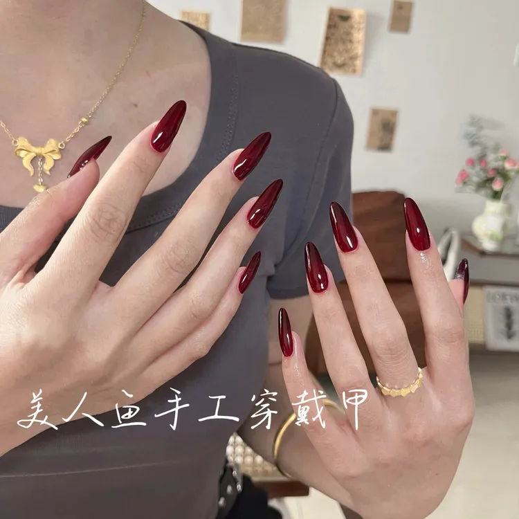 欧美性感辣妹高级显白冰透红牛血色透色纯色手工穿戴美甲可拆婚甲