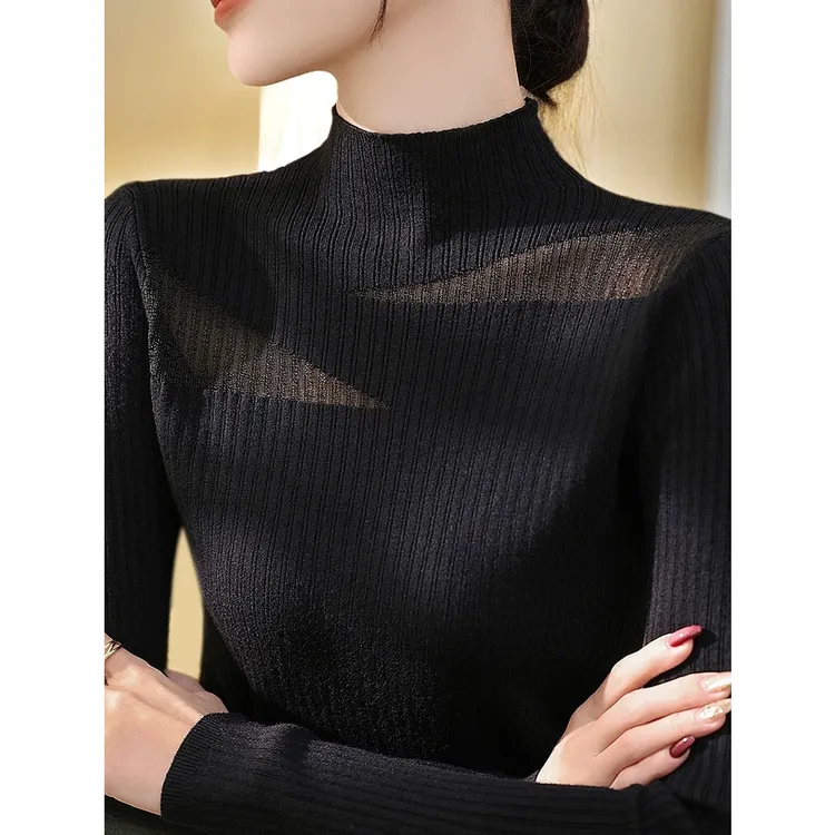 2025年秋冬时尚半高领蕾丝网纱设计针织衫新款时尚洋气内搭打底女